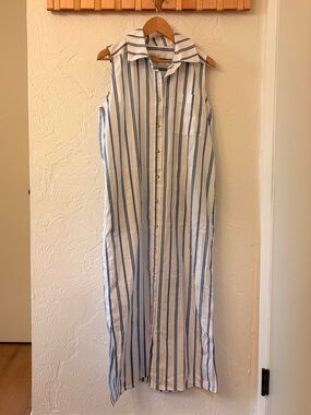DONNI. The Pop Blue and White Striped Maxi Shirt Dress